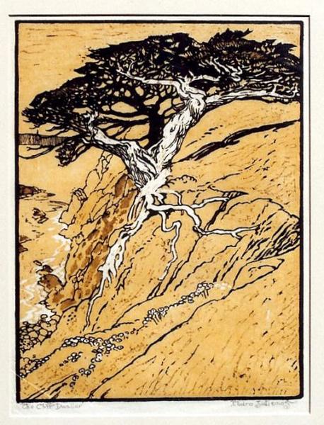 Pedro J. de Lemos - "The Cliff Dweller" The sculpted cypress tree clinging to the side of a cliff. The bright white of the trunk and braking waves is overlaid with the key block's outlines, which are in turn softened by the subsequent application of the russet background; large patches of reddi