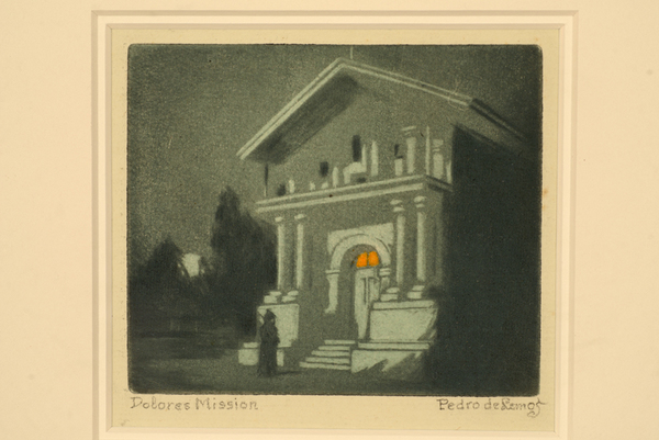 Pedro J. de Lemos - "Dolores Mission" - Mezzotint and aquatint - 3.75" x 4.5" - Titled lower left; signed lower right<br><br>Exhibited: <br>Monterey Museum of Art/Lasting Impressions - Pedro de Lemos: 2015;<br><br>Stanford Art Gallery/Lasting Impressions of Pedro de Lemos - The Centennial Exhibition: October 3 - December 3, 2017<br><br>Illustrated: Pedro de Lemos/Lasting Impressions: Works on Paper, 1910-1945 (Edwards); plate 20a, page 73.<br><br>Reproduced in School Arts Magazine, 18.9, May 1919, p.504.