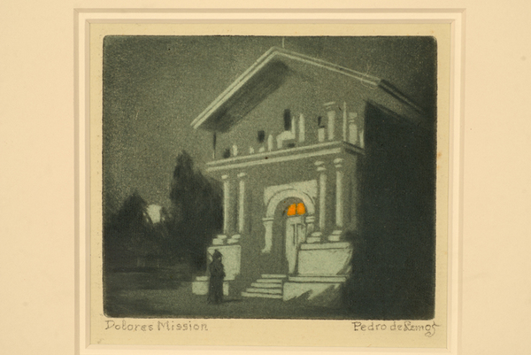 Pedro J. de Lemos - "Dolores Mission" - Mezzotint and aquatint - 3.75" x 4.5" - Titled lower left; signed lower right
<br>
<br>Exhibited: 
<br>Monterey Museum of Art/Lasting Impressions - Pedro de Lemos: 2015;
<br>
<br>Stanford Art Gallery/Lasting Impressions of Pedro de Lemos - The Centennial Exhibition: October 3 - December 3, 2017
<br>
<br>Illustrated: Pedro de Lemos/Lasting Impressions: Works on Paper, 1910-1945 (Edwards); plate 20a, page 73.
<br>
<br>Reproduced in School Arts Magazine/May 1919, p.504.
<br>
<br>
<br>
<br>Titled lower left; signed lower right
<br>Exhibited: MMA/2015; Stanford Art Gallery/2017; Illustrated: Pedro de Lemos/Lasting Impressions; plate 20a, page 73. Reproduced in School Arts Magazine/May 1919, p.504.
<br>
<br>Reproduced in School Arts Magazine/May 1919, p.504.