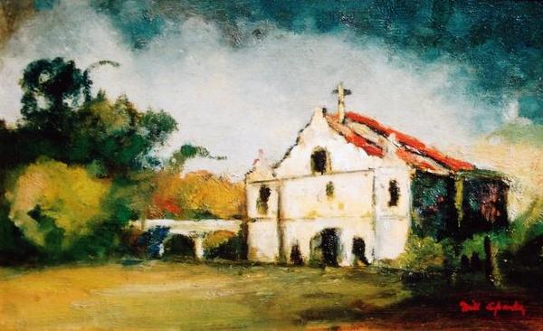 Will Sparks - "Mission San Antonio de Padua" - Oil on canvas - 10" x 16" - Signed lower right<br><br><br>Provenance: Ex-collection Haskell/Spreckels/ Los Adobes de Los Rancheros and Los Rancheros Visitadores, Santa Barbara. This work is from Sparks 2nd and final complete mission series, 1933-1937.