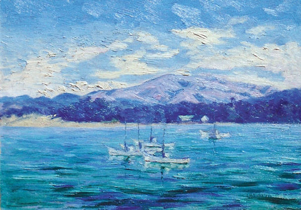 Lillie May Nicholson - "Six Fishing Boats At Anchor" -Monterey- - Oil on board - 12"x16"
