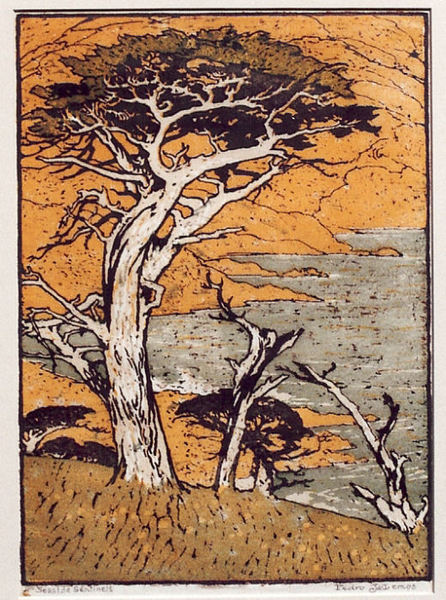 Pedro J. de Lemos - "Seaside Sentinels" - Color woodblock - 12 1/4" x 8 3/4"