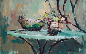 S.C. Yuan - "Spring Patio" - Oil on masonite - 15" X 23"