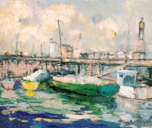 Thomas A. McGlynn - "Near the Wharf" - Monterey - Oil on wood panel - 7 1/2" x 8 3/4"