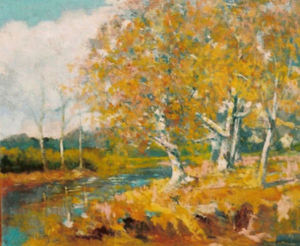 Thomas A. McGlynn - "Beside the Stream" - Oil on canvas - 24 1/2" x 30" - Signed lower right<br><br>'Society for Sanity in Art, Inc. SF Branch' exhibition label on reverse<br>Directly from the estate of Thomas A. McGlynn.
