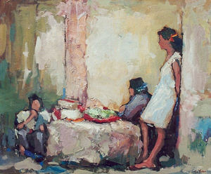 S.C. Yuan - "Chatting" - Oil on canvas - 26" x 31"
