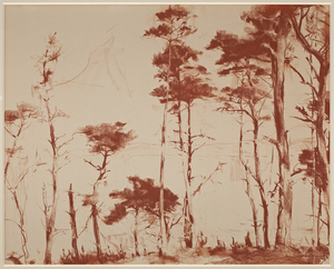 Armin C. Hansen, N.A. - "Sentinels" - Monterey- - Conte Crayon on paper - 19" x 24" - Signed and dated lower right<br><br>Exhibited:  Monterey Museum of Art;<br><br>Exhibited: <br>Armin Hansen: The Artful Voyage<br><br>Pasadena Museum of California Art/Jan.-May, 2015<br>Crocker Art Museum/June – October, 2015<br>Monterey Museum of Art/Oct. 2015 – Mar. 2016.<br><br>Illustrated:  Armin Hansen: The Artful Voyage  by Scott A. Shields, PhD., page 231. Published on the occasion of the exhibition.<br><br>"Before Hansen, when artists painted Monterey scenes with workers, they most often depicted them in connection with the historic Carmel Mission or quietly performing agricultural chores in peaceful harmony with the land, evincing the lingering influence of the French Barbizon style that Tavernier introduced in the mid-1870s. Such paintings were popular because they were soothing and restful, offering an oasis of tranquility and escape. These evolved into pure landscapes focusing on the beautiful coast, with attention accorded to the wind-sculpted Monterey cypress trees clinging to rocky shores. Hansen, who saw himself as part of a new generation, painted pure landscapes infrequently…when he did depict the cypress or pine, he tended to organize the trees into abstractly patterned groups rather than depict them as single, arboreal curiosities…"   <br><br>Armin Hansen: The Artful Voyage, Scott A. Shields, PhD.