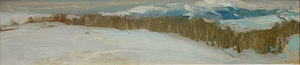 S.C. Yuan - "Conway Summit" #3 - Oil on panel - 8 1/2" x 36 1/2" - Signed lower right; titled on reverse
<br>Looks down on Mono Lake - 
<br>foreground is a grove of Aspen trees.