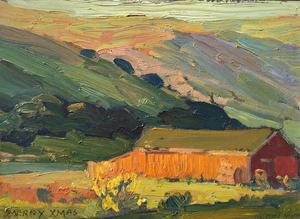 Maurice Del Mue - "Marin Hills with Barn" - Oil on board - 6 1/4" x 8 3/8"