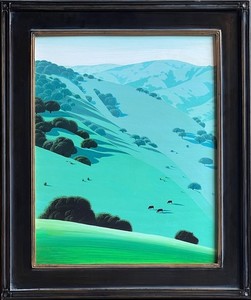 Eyvind Earle - "California Hills" - Oil on masonite - 20" x 16" - Signed and dated lower right<br><br>Evyind Earle was an American artist, author and illustrator. His career has encompassed many different fields. During his lifetime he created many paintings, sculptures, scratchboards, watercolors and drawings. His most famous paintings are of California mountains and valleys of western Canada. He was born in New York City, began painting when he was 10 years old, had his first solo show in France when he was 14, and his fame grew steadily.<br><br>In 1951 Earle joined Walt Disney studios as an assistant background painter. Earle intrigued Disney in 1953 when he created the look of “Toot, Whistle, Plunk and Boom” an animated short that won an Academy Award and a Cannes Film Festival Award. Disney kept the artist busy for the rest of the decade, painting the settings for such stories as “Peter Pan”, “For Whom the Bulls Toil”, “Working for Peanuts”, “Pigs is Pigs”, “Paul Bunyan” and “Lady and the Tramp”. Earle was responsible for the styling, background and colors for the highly acclaimed movie “Sleeping Beauty” and gave the movie its magical, medieval look. He also painted the dioramas for Sleeping Beauty’s Castle at Disneyland in Anaheim, California.