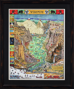 Joseph Jacinto Mora - "Yosemite" - Color lithograph - 21 3/4" x 16 7/8" - Copyright: 1996 Yosemite Association lower right margin<br>Published: 1996 Yosemite Association<br><br>This map was available from the Yosemite Association and they came with a short history of the map. A short quote from the paper follows. "This reprint of Jo Mora's cartoon-style map of Yosemite Valley is made from the original artwork in the museum. The poster illustrates many historical features of the valley which no longer exist but were left as originally done in 1931. The art from which this poster is rendered is quite faded but through the use of the computer technology the color approaches its earlier appearance."