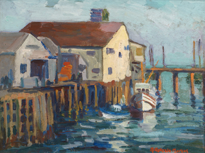Mary DeNeale Morgan - "Fisherman's Wharf - Monterey" - Oil on masonite - 12" x 16" - Signed lower right<br>Titled on reverse and with studio label<br><br><br>Exhibited:   Hearst Art Gallery, Saint Mary’s College of California/2010 – <br>“Superbly Independent – Early California Paintings by Annie Harmon, <br>Mary DeNeale Morgan and Marion Kavanagh Wachtel.<br><br>Illustrated:   In accompanying catalogue, page 23.