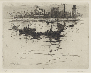 Armin C. Hansen, N.A. - "Anchorage" - Etching - 5" x 6 3/8" - Plate: Signed and dated, lower left: Armin Hansen '21. Titled lower left in pencil; signed lower right in pencil. <br><br>Plate 37, page 49 in 'The Graphic Art of Armin C. Hansen/A Catalogue Raisonne' by Anthony R. White/1986.