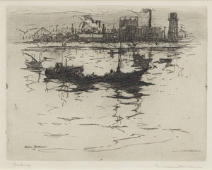 Armin C. Hansen, N.A. - "Anchorage" - Etching - 5" x 6 3/8" - Plate: Signed and dated, lower left: Armin Hansen '21. Titled lower left in pencil; signed lower right in pencil. 
<br>
<br>Plate 37, page 49 in 'The Graphic Art of Armin C. Hansen/A Catalogue Raisonne' by Anthony R. White/1986.