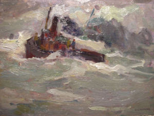 Armin C. Hansen, N.A. - "The Towboat" - Oil on board - 10" x 14"