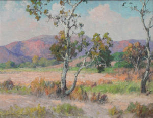 Maurice Braun - "Sycamores" - Oil on canvas - 22" x 28" - Signed lower left. Titled and dated on reverse stretcher.
<br>
<br>Braun moved to San Diego in 1910. After opening a studio on Point Loma, he founded the San Diego Academy of Art in 1912 and served as its director for many years.