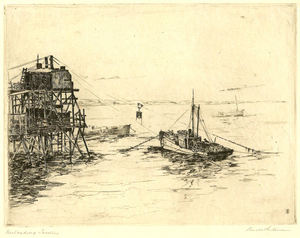 Paul Whitman - "Unloading Sardines" - Etching - 6" x 7 7/8"