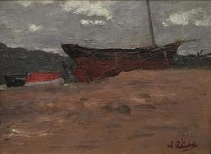 William Ritschel, N.A. - "Beached" - Oil on canvas/masonite - 7 1/4" X 10" - Signed lower right
<br>
<br>Considered one of America's foremost marine painters, William Ritschel's presence as a resident artist on the Monterey Peninsula added greatly to the substance and prestige of the California art community.
<br>
<br>Ritschel moved to California sometime after 1909. He exhibited at the S.F. Art Institute in 1911, at the P.P.I.E., 1915 where he won a gold medal, and at the California State Fair in 1916.  In 1921 he and his wife moved into the unique, castle-like, stone studio-home he had built high on a bluff overlooking the ocean in Carmel Highlands.