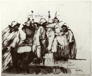 Armin C. Hansen, N.A. - "Fisher Crew" - Drypoint - 5" x 6" - Plate: Signed and dated, lower right: Armin Hansen '24. <br>Titled lower left in pencil; signed lower right in pencil.  <br><br>Illustrated:  'The Graphic Art of Armin C. Hansen, A Catalogue Raisonne' by Anthony  R. White/1986. Plate 67; page 75.<br><br><br>Armin Hanen's oil painting titled "Discussing the Catch" was based on the fishermen character studies depicted in this drypoint.