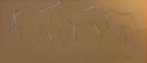 S.C. Yuan - "Three Horses" - Pen, ink & chalk drawing - 4 1/4" x 9 1/2"