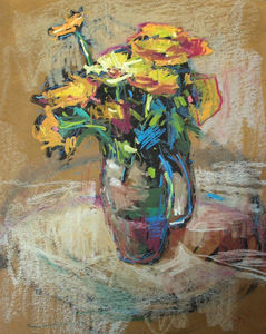 S.C. Yuan - "Marigolds" - Oil pastel on board - 20" x 16"