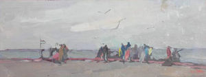 S.C. Yuan - "Fishing" - Oil on board - 7 3/4" x 20 1/4"