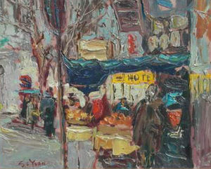 S.C. Yuan - "Market Place with Hotel" - Oil on board - 8" x 10"