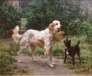 Elizabeth Strong - "English Setter with Terrier" - Oil on canvas/board - 21" x  25 1/2"