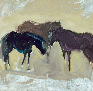 S.C. Yuan - "Three Horses" - Oil on masonite - 22"  x 22 1/4"