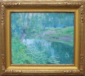 Guy Rose - "The Backwater" - Oil on canvas - 19 5/8" x 24" - Signed lower right<br>Titled on reverse canvas<br>Exhibited: P.P.I.E. - 1915<br><br>In 1915 Rose was as active in the arts as at any point in his career and apparently in good health. In addition to his show at the Steckel and Battey galleries, he became a member of the board of governors of the Los Angeles Museum of History, Science and Art, founded in 1913. He also joined the largest and most powerful local art organization, the California Art Club.<br><br>It was in that same year that Rose exhibited two oil paintings  - "The Backwater", and "November Twilight" in California's most important exhibition up to that date, the Panama-Pacific International Exposition, held in San Francisco, an international fair organized to celebrate the opening of the Panama Canal in 1915. <br><br>Source:<br>Guy Rose-American Impressionist<br>by Will South<br>The Oakland Museum and The Irvine Museum/1995