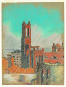 Mary DeNeale Morgan - Ruins of Old Grace Church-California and Stockton Street-Merchants Exchange in Distance - Mixed media - 11 3/4" x 8 3/4"