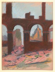 Mary DeNeale Morgan - Ruins-California Street near Grant Ave.-Call Building in distance - Mixed media - 11 3/4" x 8 3/4"