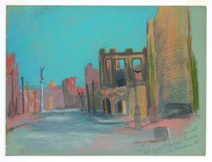 Mary DeNeale Morgan - Ruins-Mason Street looking toward Market with Tivoli and Lechan Tavern in foreground - Mixed media - 8 3/4" x 11 3/4"