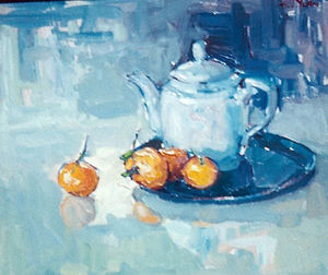 S.C. Yuan - "Still Life with Teapot and Tangerines" - Oil on panel - 15" x 17 1/2"