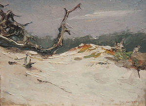 S.C. Yuan - "Coastal Dunes with Cypress Deadwood" - Oil on board - 12" x 16"