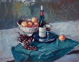 S.C. Yuan - "Still Life with Wine and Fruit" - Oil on masonite - 24" x 30"