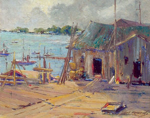 George Demont Otis - "Boathouse and Harbor" - Oil on canvas - 16"x20"