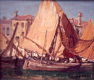 Edgar Alwin Payne - "Boats in Harbor" - Oil on canvasboard - 12 3/4" x 14 3/4"