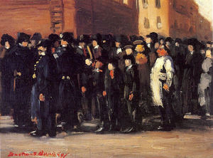 Burton S. Boundey - "Crowd Watching a Fire" New York - Oil on canvasboard - 11 1/4" x 15"