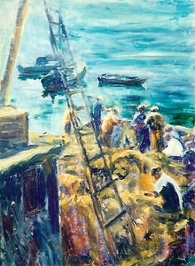 Lillie May Nicholson - "Unloading the Catch, Monterey" - Oil on canvasboard - 16" x 12"