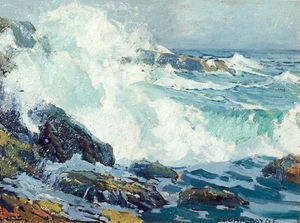 Edgar Alwin Payne - "Rough Seas, Laguna Beach" - Oil on board - 12"x16" - Signed lower right
<br>With studio label on reverse