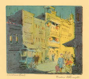Pedro J. de Lemos - "Chinatown Street" - Color lithograph - 4" x 4.5" - Titled lower left; signed lower right<br><br>Exhibited: <br>Monterey Museum of Art/Lasting Impressions - Pedro de Lemos: April 30 - September 28, 2015<br><br>Stanford Art Gallery/Lasting Impressions of Pedro de Lemos - The Centennial Exhibition: October 3 - December 3, 2017<br><br>Illustrated: Pedro de Lemos/Lasting Impressions: Works on Paper, 1910-1945 (Edwards); plate 32a, page 104.