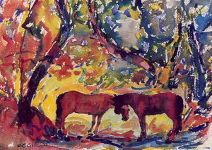 Selden Connor Gile - "Two Horses Grazing" - Watercolor - 12" x 16"