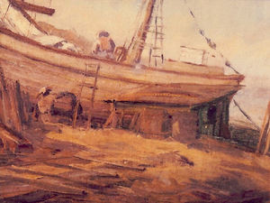 Selden Connor Gile - "Fishing Boat and Net Mending" - Oil on canvas - 14 1/2" x 11 1/2"
