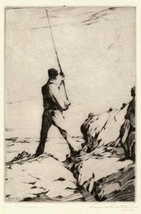 Paul Whitman - "Rock Fisherman" - Etching - 8 3/4" x 6"