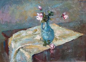 S.C. Yuan - "Blue Vase with Flowers" - Oil on masonite - 16" x 22"