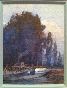 Albert Thomas DeRome - "Boat Houses near East End of Dunbarton Bridge" - Watercolor - 3 1/4" x 2 1/2"