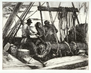 Armin C. Hansen, N.A. - [Men at Rigging] - Etching - 7 7/8" x 9 7/8" - Posthumous impression. <br>Plate: Signed and dated lower left.<br><br>In: 'The Graphic Art of Armin C. Hansen, A Catalogue Raisonne' by Anthony R. White/1986. Page 82, plate #73.