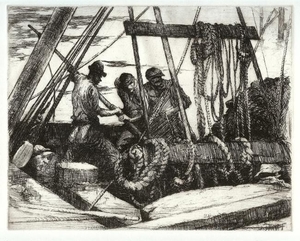 Armin C. Hansen, N.A. - [Men at Rigging] - Etching - 7 7/8" x 9 7/8" - Posthumous impression. 
<br>Plate: Signed and dated lower left.
<br>
<br>In: 'The Graphic Art of Armin C. Hansen, A Catalogue Raisonne' by Anthony R. White/1986. Page 82, plate #73.