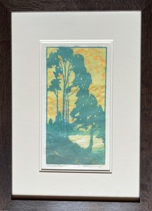 Pedro J. de Lemos - "The Golden Hour" - Color block print - 10.25" x 5.25" - Titled in pencil lower left<br>Signed in pencil lower right<br><br>Exhibited:<br>Carmel Art Association/'95 Years' - A Commemorative Exhibition Catalog of Selected Works Honoring Late CAA Artist Members: 1927/2022<br><br>Illustrated page 46, plate 35-B.